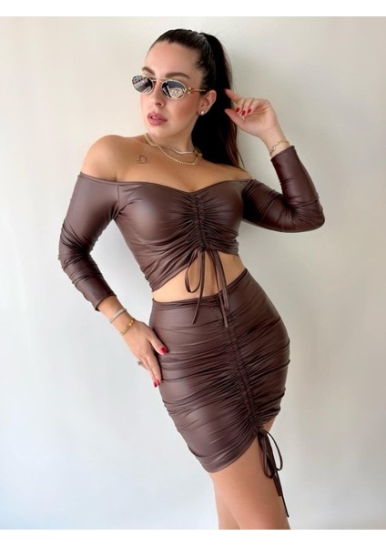 Kadın Büzgülü Deri Etek Takım Fırsat Ürün