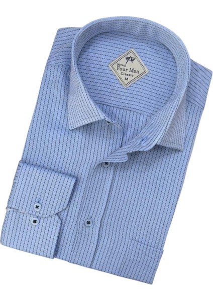 Erkek Klasik Geniş Rahat Kesim Cepli Çizgili Uzun Kollu Pamuk Gömlek