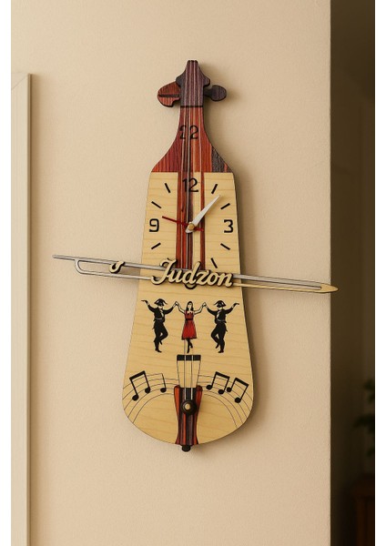 Her Saat Başı Kemençe Çalan Karadeniz Temalı Trabzon Yazılı Ahşap Duvar Saati | Müzikli Dekoratif Saat