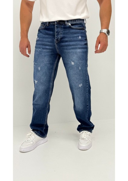 Edna Baggy Denim Koyu Mavi Lazer Detaylı Jean Pantolon