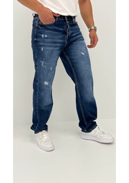 Edna Baggy Denim Koyu Mavi Lazer Detaylı Jean Pantolon fırsatları