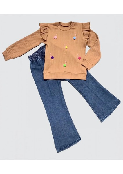 4-5-6 Yaş Kot Pantolonlu Flamingo Desenli Penye Sweat Uzun Kollu 2li Kız Çocuk Takımı Kahverengi