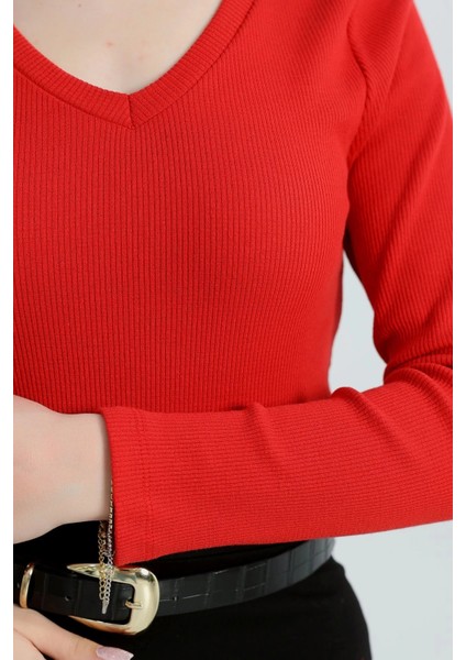 V Yaka Kaşkorse Bluz Kırmızı