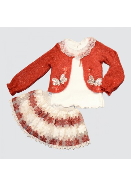 1-2-3 Yaş Brode Etekli Örme Hırkalı Uzun Kollu Sweat 3lü Kız Çocuk Takımı