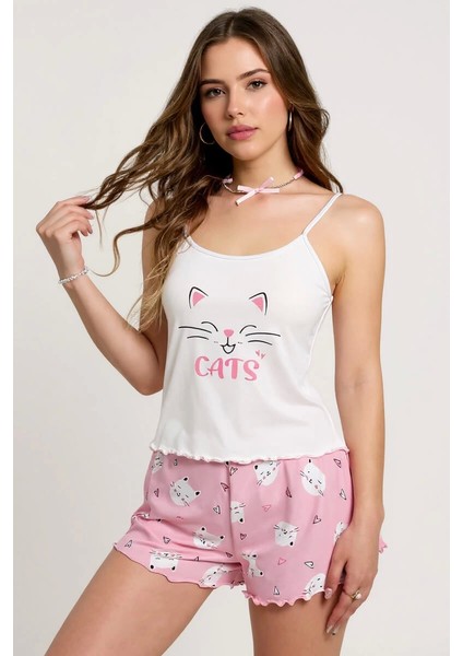 Kedi Desenli Askılı Şortlu Kadın Pijama