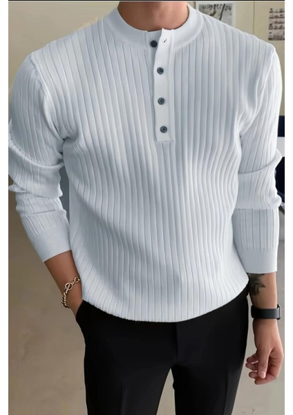 Memphis Slim Fit Düğmeli Henley Yaka Triko Kazak