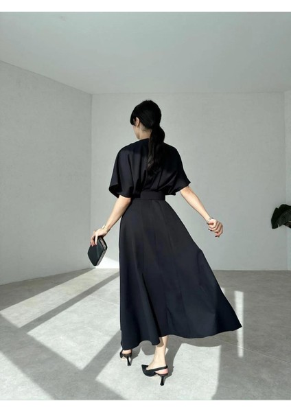 Kemerli Yırtmaçlı Kadın Siyah Elbise Midi 583292 fiyatları