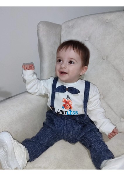 9-12-18 Ay Papyonlu Sweat Kot Pantolon 2li Erkek Bebek Salopet Takımı Lacivert