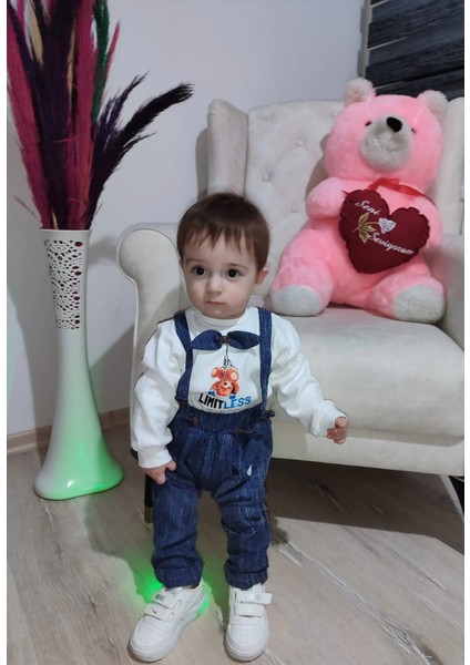 9-12-18 Ay Papyonlu Sweat Kot Pantolon 2li Erkek Bebek Salopet Takımı Lacivert