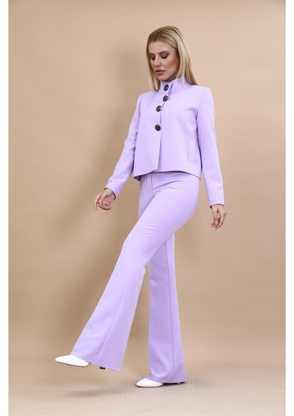 Boydan Düğmeli Mini Ceket & Ispanyol Paça Pantolon Takım-Menekşe