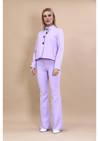 Boydan Düğmeli Mini Ceket & Ispanyol Paça Pantolon Takım-Menekşe fırsatları