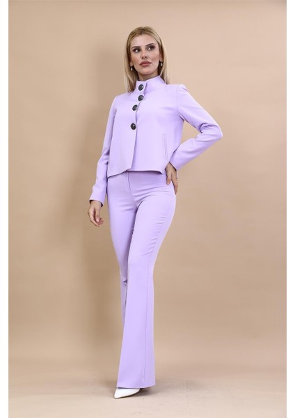 Boydan Düğmeli Mini Ceket & Ispanyol Paça Pantolon Takım-Menekşe indirimleri