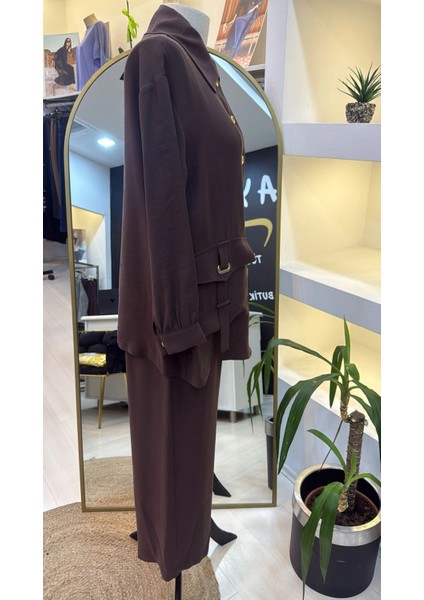 1025 Tam Boy Düğmeli Pantolonlu Takım Kahve modelleri