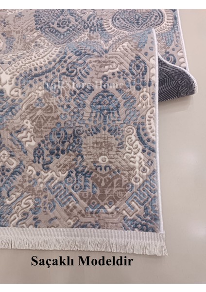 Dinar Saçaklı Diana Mavi Bej Kaymaz Taban Kesme Yolluk Halı Modern Desen