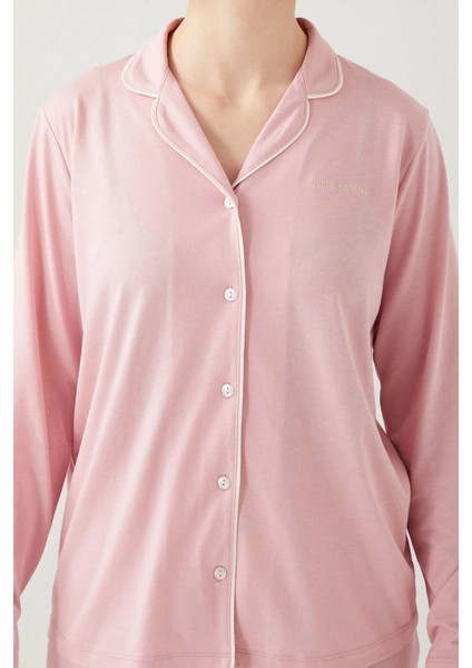 7717 Kadın Gül Kurusu Uzun Kollu Önden Düğmeli Biyeli Gömlek Pijama Takımı modelleri