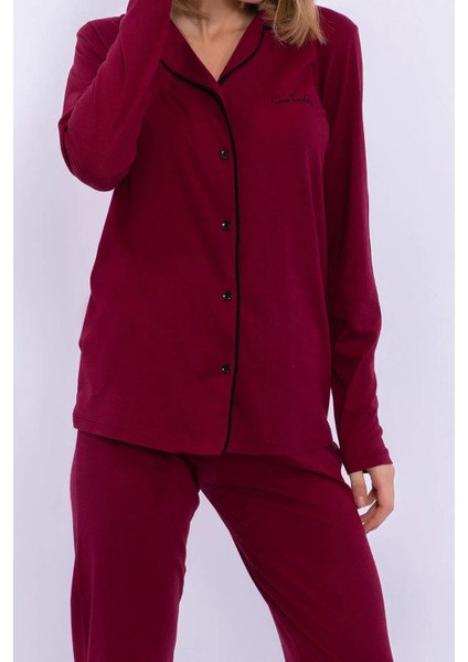 7717 Kadın Bordo Uzun Kollu Önden Düğmeli Biyeli Gömlek Pijama Takımı modelleri