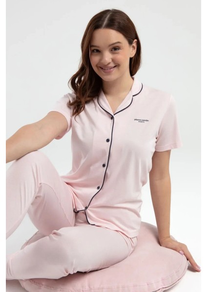 7715 Kadın Somon Kısa Kollu Önden Düğmeli Biyeli Gömlek Pijama Takımı