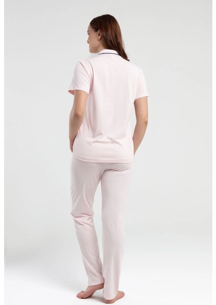 7715 Kadın Somon Kısa Kollu Önden Düğmeli Biyeli Gömlek Pijama Takımı modelleri