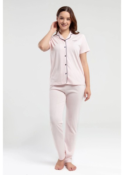 7715 Kadın Somon Kısa Kollu Önden Düğmeli Biyeli Gömlek Pijama Takımı fırsatları