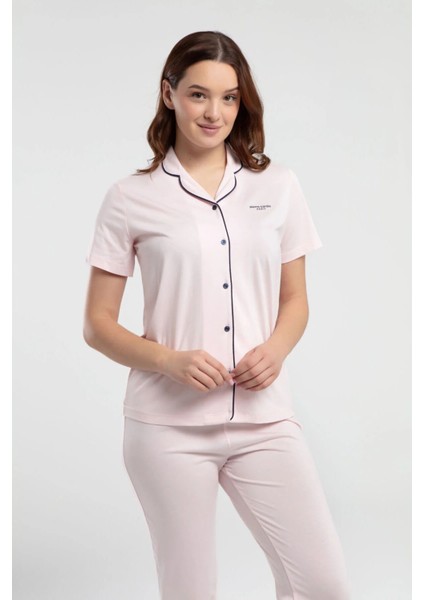 7715 Kadın Somon Kısa Kollu Önden Düğmeli Biyeli Gömlek Pijama Takımı indirimleri