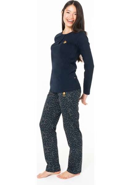 20161 Kadın Lacıvert Yuvarlak Yaka Uzun Kollu Pijama Takımı fiyatları