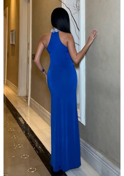 Halter Yaka Taşlı Scuba Abiye Elbise Saks 583143 modelleri