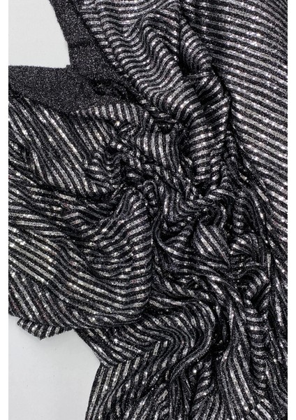 Sakallı Çizgili Pullu Kumaş Pullu Payet Kumaş Abiye Nişan Düğün Siyah