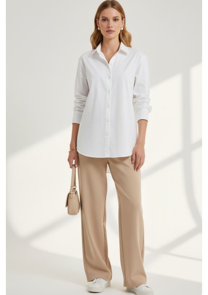 Kadın Beyaz Klasik Regular Fit Gömlek Yaka Düğmeli Uzun Kollu Zarif Gömlek – Kadın Gömlek