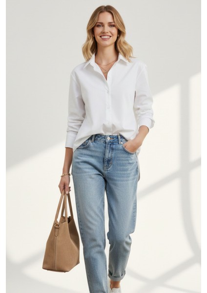 Kadın Beyaz Klasik Regular Fit Gömlek Yaka Düğmeli Uzun Kollu Zarif Gömlek – Kadın Gömlek indirimleri