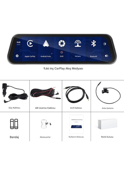 X4 Dikiz Aynalı Carplay Apple Android Uyumlu 9.6 Inç 2k Görüntü Arka/ön Görüş Kameralı Araç Ekranı