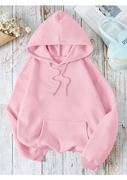 Kadın Baskılı Sweatshırt Kapüşonlu Oversize 3 Iplik Pamuklu