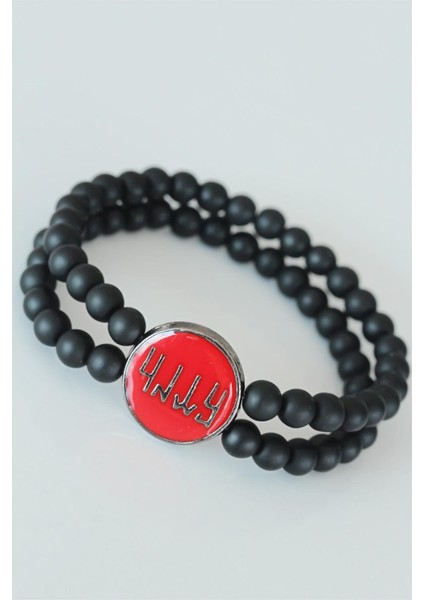 Eski Türkçe Göktürkçe Yazı Figürlü Kırmızı Metal Aksesuarlı Çift Sıra Oniks Doğal Taş Erkek Bileklik