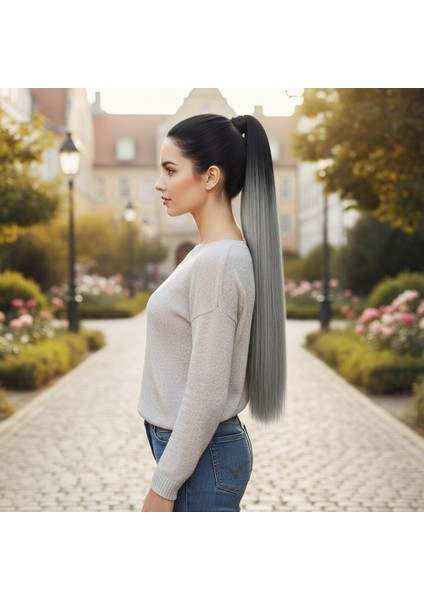 Lastik Tokalı At Kuyruğu Düz / Siyah / Gri Ombre
