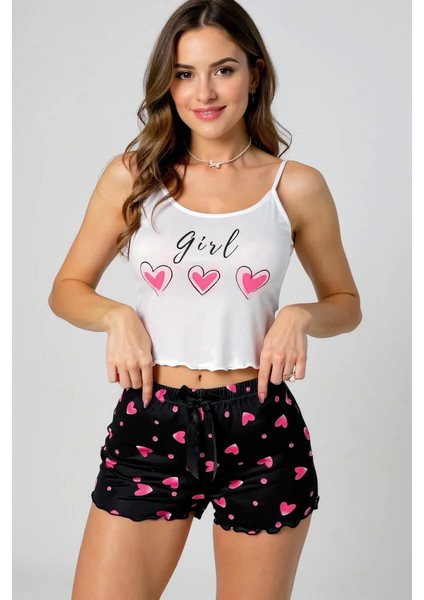 Kalp Desenli Askılı Şortlu Pijama modelleri