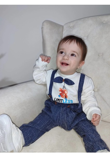 9-12-18 Ay Papyonlu Sweat Kot Pantolon 2li Erkek Bebek Salopet Takımı Lacivert modelleri