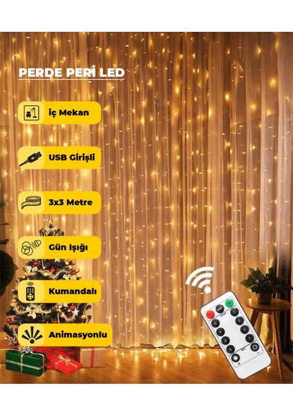 USB Perde Dekoratif Peri LED 3X3M - Animasyonlu - Kumandalı