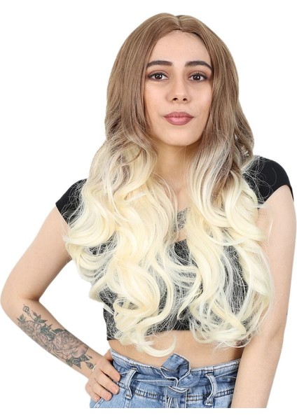 Yoğun Dalgalı Fiber Sentetik Uzun Perçemsiz Peruk / Balköpüğü / Platin Ombreli