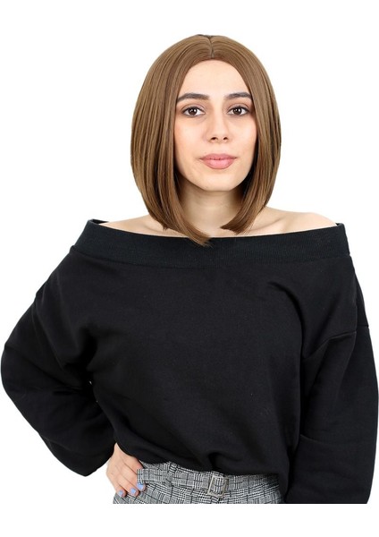 Kahkülsüz Düz Kısa Fiber Sentetik Peruk / Kumral