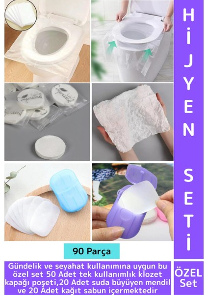 Seyahat 50 Adet Klozet Kapak Örtüsü 20 Adet Suda Büyüyen Mendil 20 Adet Kağıt Sabun Özel Hijyen Seti