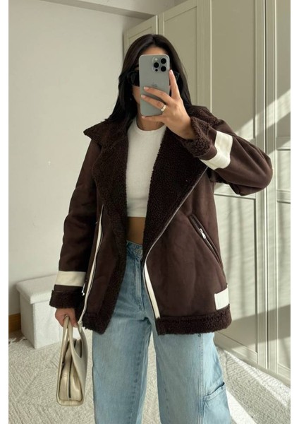 Kadın Süet Mont Oversize Içi Kürklü Fermuarlı Cepli Kol Detaylı Ceket Yaka Kışlık Kaban