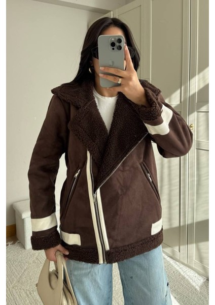 Kadın Süet Mont Oversize Içi Kürklü Fermuarlı Cepli Kol Detaylı Ceket Yaka Kışlık Kaban modelleri