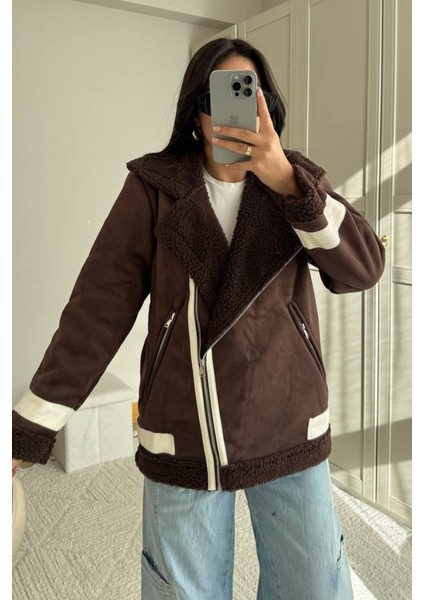 Kadın Süet Mont Oversize Içi Kürklü Fermuarlı Cepli Kol Detaylı Ceket Yaka Kışlık Kaban fırsatları