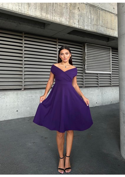 Kayık Yaka Midi Boy Mor Elbise 583259