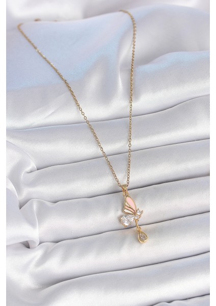 316L Çelik Gold Renk Zincir Damla Zirkon Taşlı Kelebek Model Sallantı Detay Kadın Kolye fiyatları