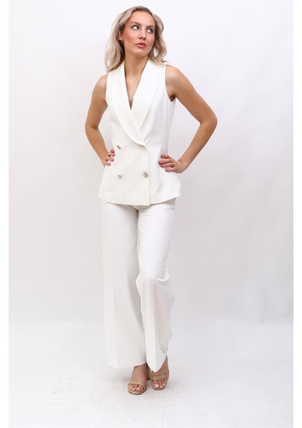 Abiye Yelek & Yüksek Bel Bol Paça Pantolon Takım-Beyaz
