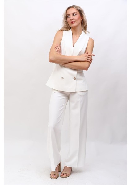Abiye Yelek & Yüksek Bel Bol Paça Pantolon Takım-Beyaz fırsatları