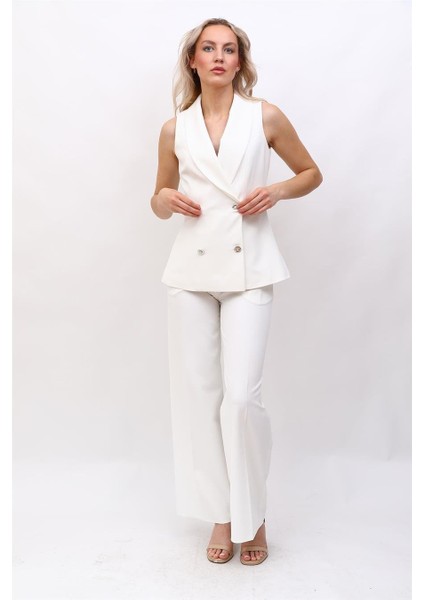 Abiye Yelek & Yüksek Bel Bol Paça Pantolon Takım-Beyaz indirimleri