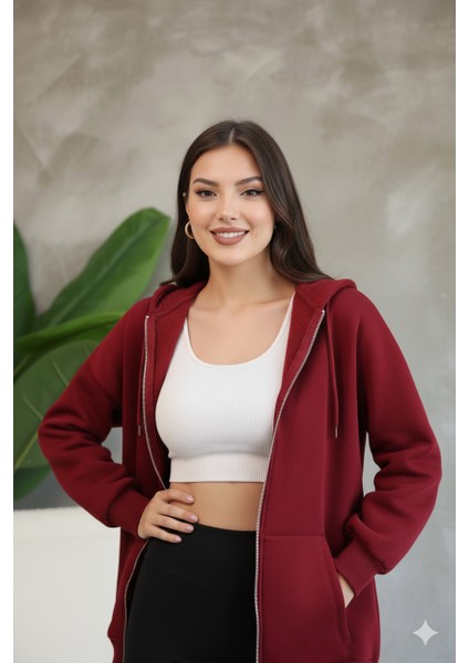 Kadın Genç Unisex Cepli Kapüşonlu Fermuarlı Sweatshirt Hırka