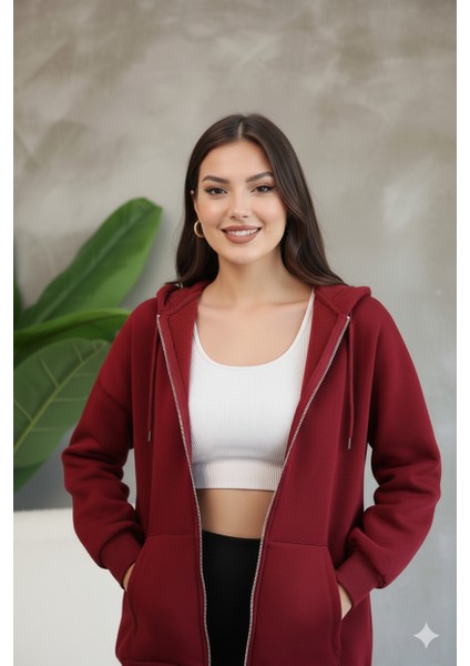 Kadın Genç Unisex Cepli Kapüşonlu Fermuarlı Sweatshirt Hırka