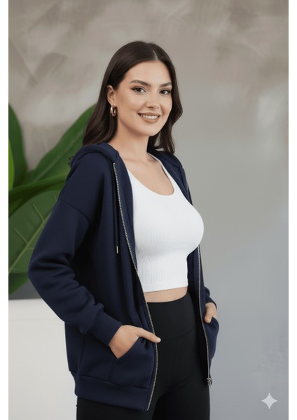 Kadın Genç Unisex Cepli Kapüşonlu Fermuarlı Sweatshirt Hırka